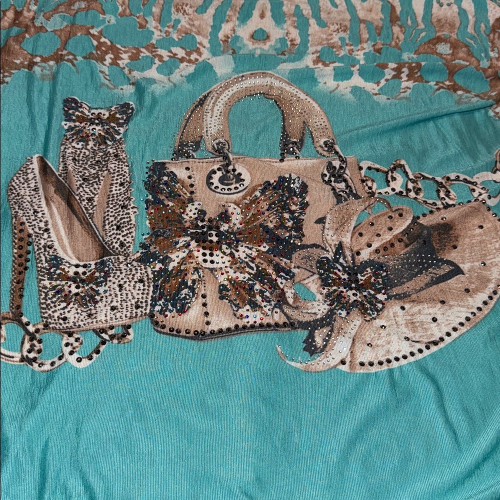 3/$30 Model France Turquoise Rhinestone Top - Picture 5 of 6